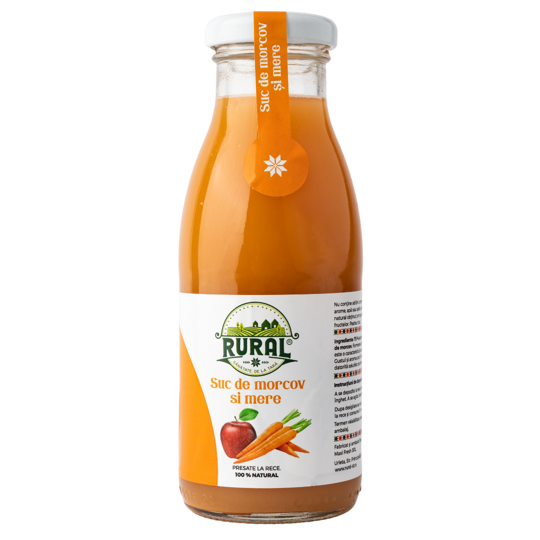 Suc de morcov și mere, 100% Natural, Fără Zahăr Adăugat, Vegan, Fără Gluten, Pasteurizat 250ml